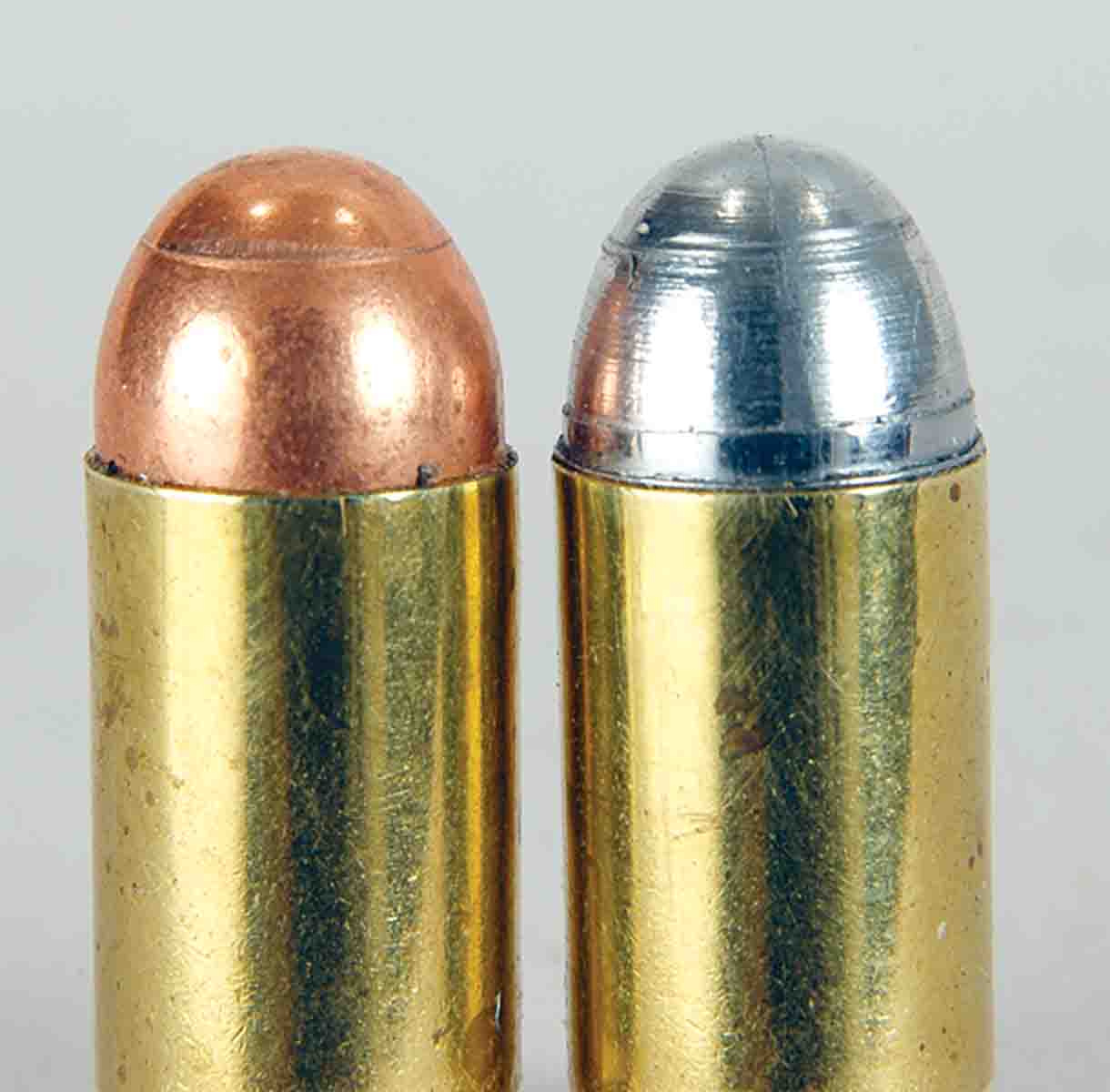 If the tasks of deburring and belling case mouths are performed inadequately, the result will be a cast bullet (right) with the lead peeled away.